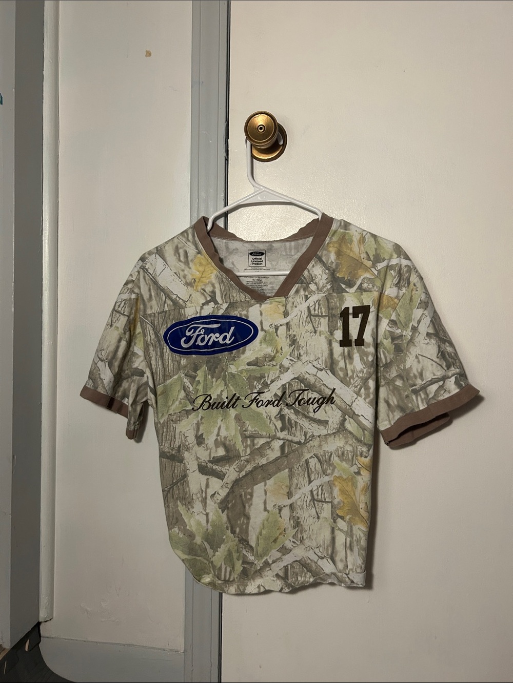 Ford Camo Short Sleeve Tee with Blue Ford Patch and Brown Trim